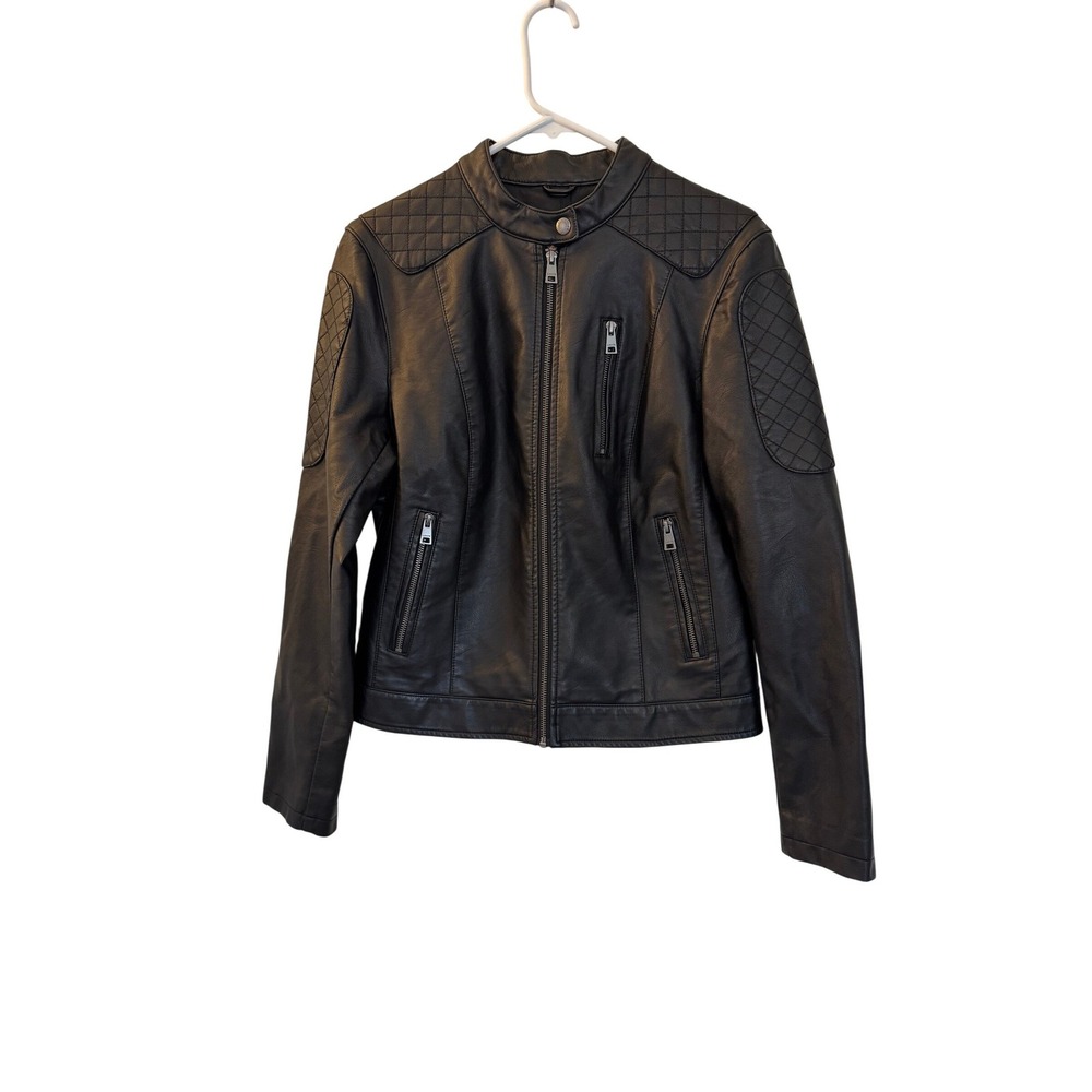 Levis Womens Faux Leather Moto Jacket Black Quilted Cafe Racer Large NEW